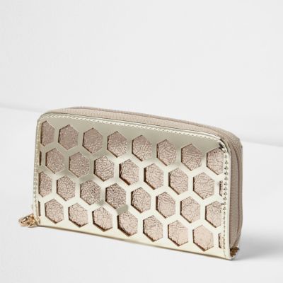 Girls gold metallic honeycomb zip purse